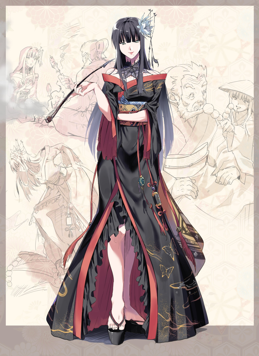 absurdres animal_print arm_across_waist bare_shoulders bat_hair_ornament black_collar black_hair black_kimono blunt_bangs border brown_background brown_border butterfly_print collar epiphyllum female final_fantasy final_fantasy_xiv flower full_body gosetsu_daito green_eyes hair_flower hair_ornament hair_stick highres holding holding_smoking_pipe hyur inrou japanese_clothes kimono kiseru lace_collar long_hair looking_at_viewer midnamana mole mole_under_mouth multiple_views obi obiage obijime off_shoulder okobo platform_footwear red_trim sandals sash sidelocks smile smoking_pipe standing straight-on straight_hair toeless_footwear two-sided_fabric yotsuyu_goe_brutus