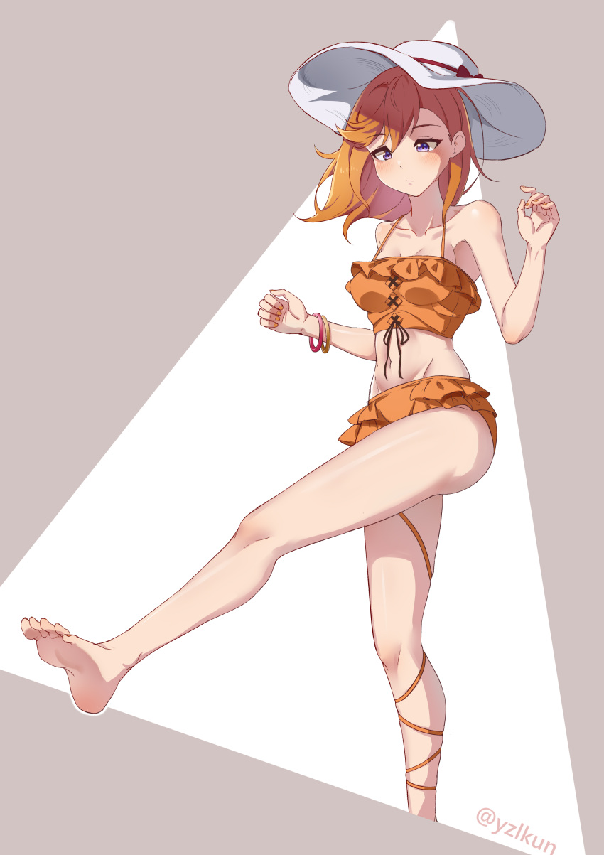 absurdres barefoot bikini breasts collarbone commentary feet female hat highres long_hair love_live! love_live!_superstar!! medium_breasts navel orange_bikini orange_hair purple_eyes shibuya_kanon soles solo stomach swimsuit toes twitter_username white_hat yzlkun