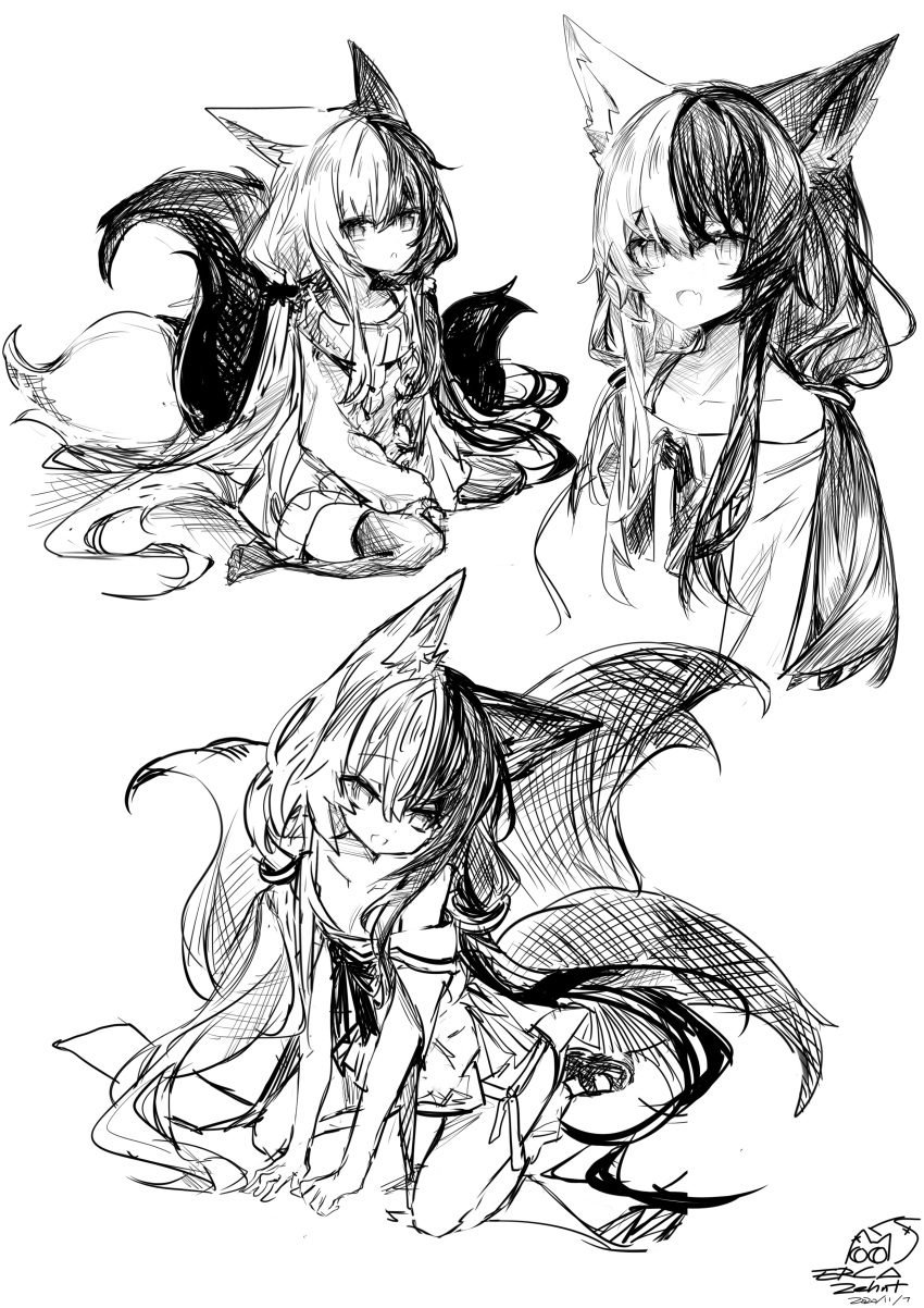 :d absurdres alice_mana animal_ear_fluff animal_ears bare_shoulders collarbone female fox_ears fox_girl fox_tail greyscale hair_between_eyes highres indie_virtual_youtuber long_hair looking_at_viewer low_twintails monochrome multicolored_hair multiple_views oerba_yun_fang off-shoulder_shirt off_shoulder parted_lips raeee shadow shirt shoes signature simple_background sitting smile tail thighhighs twintails two-tone_hair very_long_hair virtual_youtuber wariza white_background