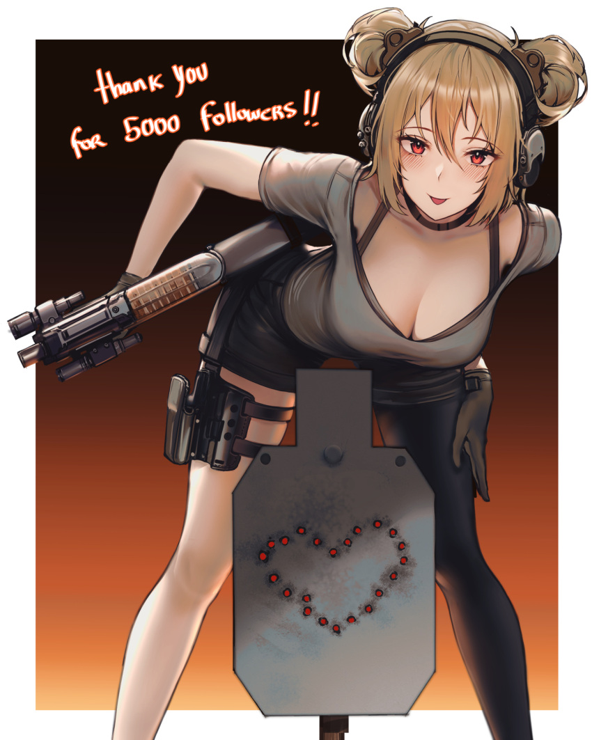 asymmetrical_legwear black_background black_pantyhose black_shorts blonde_hair border breasts bullet_hole bullpup cleavage english_text female girls'_frontline gradient_background grey_shirt gun heart highres kitsune_udon_(ai_br) leaning_forward orange_background p90 p90_(girls'_frontline) pantyhose red_eyes shirt shorts silhouette_target smile solo submachine_gun tongue tongue_out weapon white_border