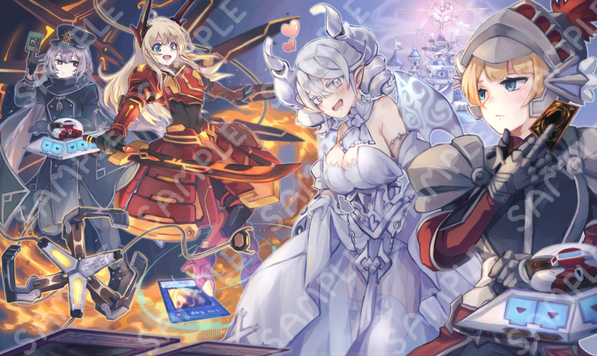 4girls armor blonde_hair blue_eyes blush bodysuit breastplate breasts card cleavage commission covered_navel deck_of_cards demon_girl demon_horns demon_wings dress duel_disk duel_monster gloves grey_eyes grey_hair helmet highres holding holding_card holding_sword holding_weapon horns knight knight_(yu-gi-oh!) labrynth_labyrinth large_breasts long_hair lovely_labrynth_of_the_silver_castle low_wings mechanical_wings multiple_girls multiple_wings open_mouth pipu_012 plume pointy_ears power_armor sample_watermark short_hair sky_striker_ace_-_kagari sky_striker_ace_-_raye sky_striker_ace_-_roze sky_striker_maneuver_-_afterburners! sky_striker_mecha_-_widow_anchor smile sword transparent_wings twintails watermark weapon white_hair white_horns wings yu-gi-oh! yuri