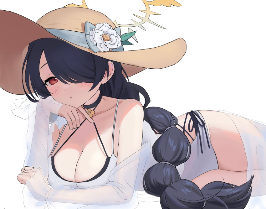 5uj0 :o black_hair blue_archive blush braid braided_ponytail breasts brown_hat choker cleavage female hair_over_one_eye halo hat highres hinata_(blue_archive) hinata_(swimsuit)_(blue_archive) large_breasts long_hair looking_at_viewer lying official_alternate_costume on_side one-piece_swimsuit red_eyes simple_background solo sun_hat swimsuit swimsuit_cover-up very_long_hair white_background