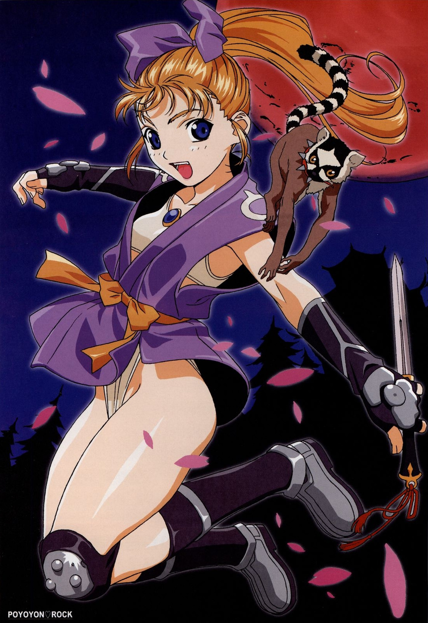 amulet ass atlus blonde_hair blonde_hair blue_eyes boots bra cherry_blossoms collar female fingerless_gloves flat_chest flying full_moon gloves hair_ribbon highres hips japanese_clothes jewelry junis kimono knife legs lemur lingerie long_hair midriff moon navel necklace night night_sky ninja open_mouth open_mouth panties pantyshot petals pony_tail ponytail psikyo ribbon sengoku_ace sengoku_blade shirt short_hair sky snk socrates solo spiked_collar spikes sports_bra tarsier underwear white_panties yukata