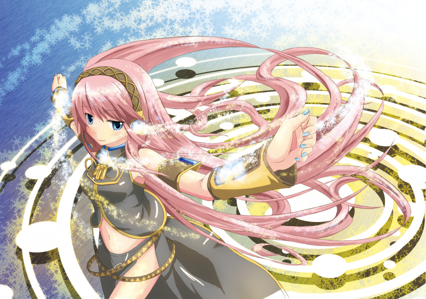 bad_id bad_pixiv_id blue_eyes blue_nails double_lariat_(vocaloid) female headphones headset highres long_hair making-of_available megurine_luka midriff nail_polish navel nekobaka perspective photoshop_(medium) pink_hair skirt smile solo vocaloid