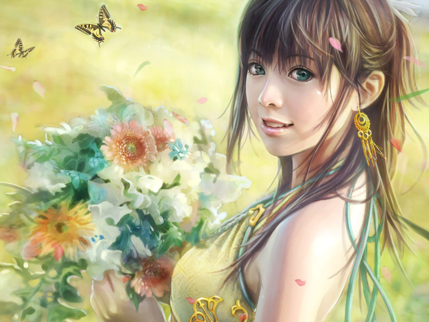 butterfly eat flowers green_eyes long_hair realistic