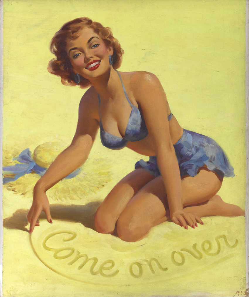 1girls 20th_century art_frahm beach bikini blush breasts brown_hair cleavage earrings female female_only kneeling lipstick looking_at_viewer original painting_(artwork) pinup pinup_girl sand smile solo straight_hair sunhat swimsuit text traditional_media_(artwork) vintage