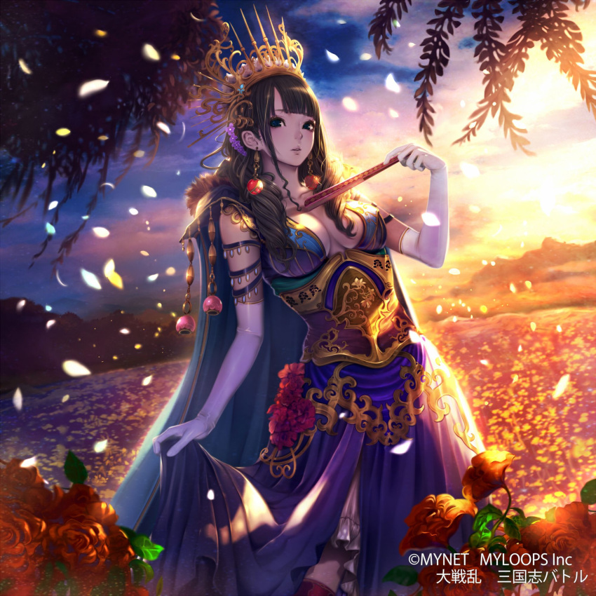 armlet black_hair blue_eyes breasts breasts_apart character_request cloud commentary_request company_name copyright_request crown dress earrings elbow_gloves female flower gloves hair_flower hair_ornament hand_fan highres holding holding_fan jewelry large_breasts long_hair official_art outdoors paper_fan parted_lips petals red_flower red_rose rose skirt_hold sky solo standing suke_akurou sun watermark