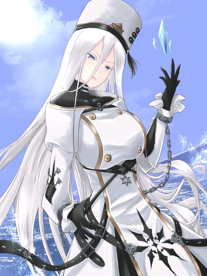 azur_lane belt black_bodysuit blue_eyes blue_sky bodysuit breasts coat covered_collarbone cuffs female hair_between_eyes hat highres large_breasts long_hair looking_at_viewer ocean shackles sky solo sovetsky_soyuz_(azur_lane) white_coat white_hair white_hat zubi_(skylinezb)