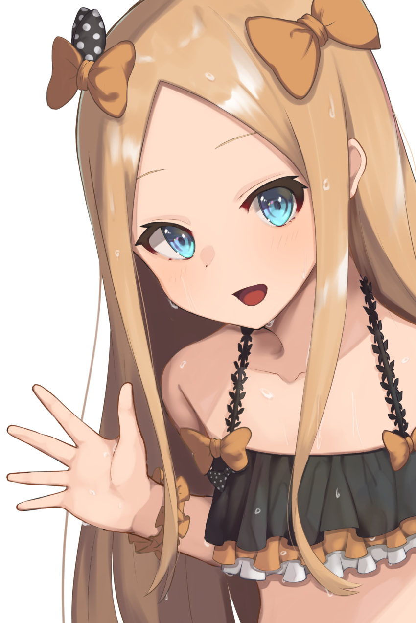 abigail_williams_(emerald_float)_(fate) abigail_williams_(fate) bao_(s_888) bare_shoulders bikini black_bikini black_bow blonde_hair blue_eyes blush bow breasts collarbone fate/grand_order fate_(series) female forehead frilled_bikini frills hairbow highres long_hair looking_at_viewer multiple_hair_bows official_alternate_costume open_mouth orange_bow parted_bangs polka_dot polka_dot_bow scrunchie sidelocks small_breasts smile solo swimsuit wet wrist_scrunchie