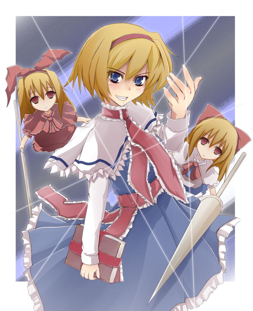 alice_margatroid blonde_hair blue_eyes book commentary_request doll evil_smile female hair_ribbon hairband highres hourai_doll natsume_riu red_eyes ribbon shanghai_doll smile solo string touhou weapon