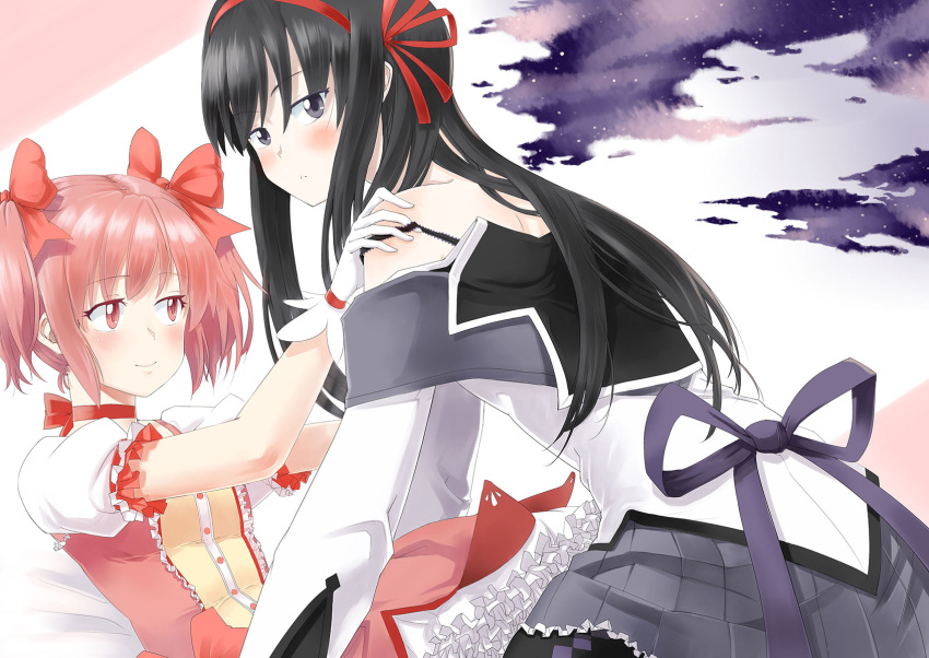 2girls akemi_homura akemi_homura_(magical_girl) black_hair blush bra_strap choker commentary_request gloves hand_on_shoulder highres kaname_madoka kaname_madoka_(magical_girl) light_smile long_hair magical_girl mahou_shoujo_madoka_magica mahou_shoujo_madoka_magica_(anime) md5_mismatch multiple_girls off_shoulder photoshop_(medium) pink_eyes pink_hair purple_eyes resolution_mismatch ribbon short_hair source_larger twintails undressing white_gloves yomio yuri