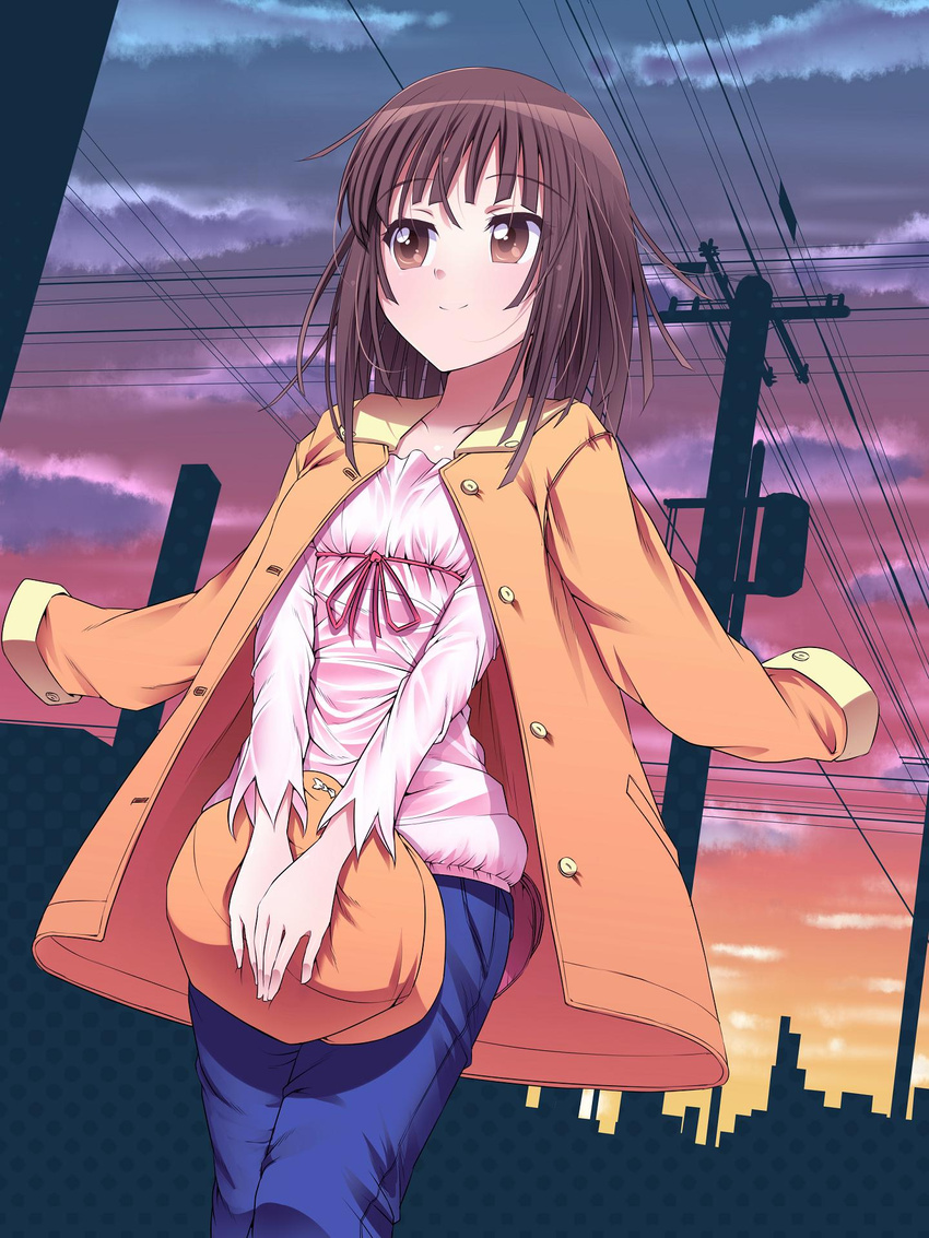 bakemonogatari brown_eyes brown_hair cabbie_hat commentary_request female hat highres holding holding_clothes holding_hat jacket jacket_on_shoulders kemu monogatari_(series) outdoors power_lines sengoku_nadeko short_hair smile solo unworn_hat unworn_headwear