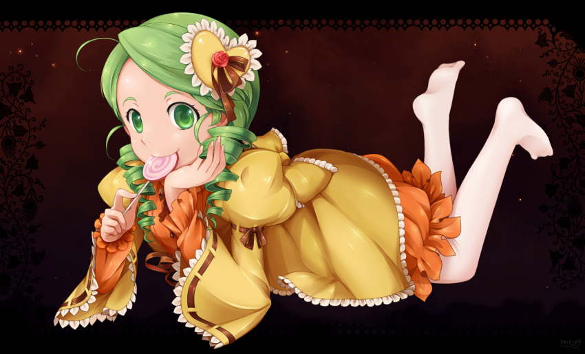 candy commentary_request dress drill_hair female flower food frills gothic_lolita green_eyes green_hair hair_ornament head_rest heart highres kanaria lolita_fashion lollipop long_sleeves lying mtyy no_shoes on_stomach orange_dress pantyhose photoshop_(medium) ribbon rose rozen_maiden smile solo swirl_lollipop the_pose twin_drills twintails white_pantyhose