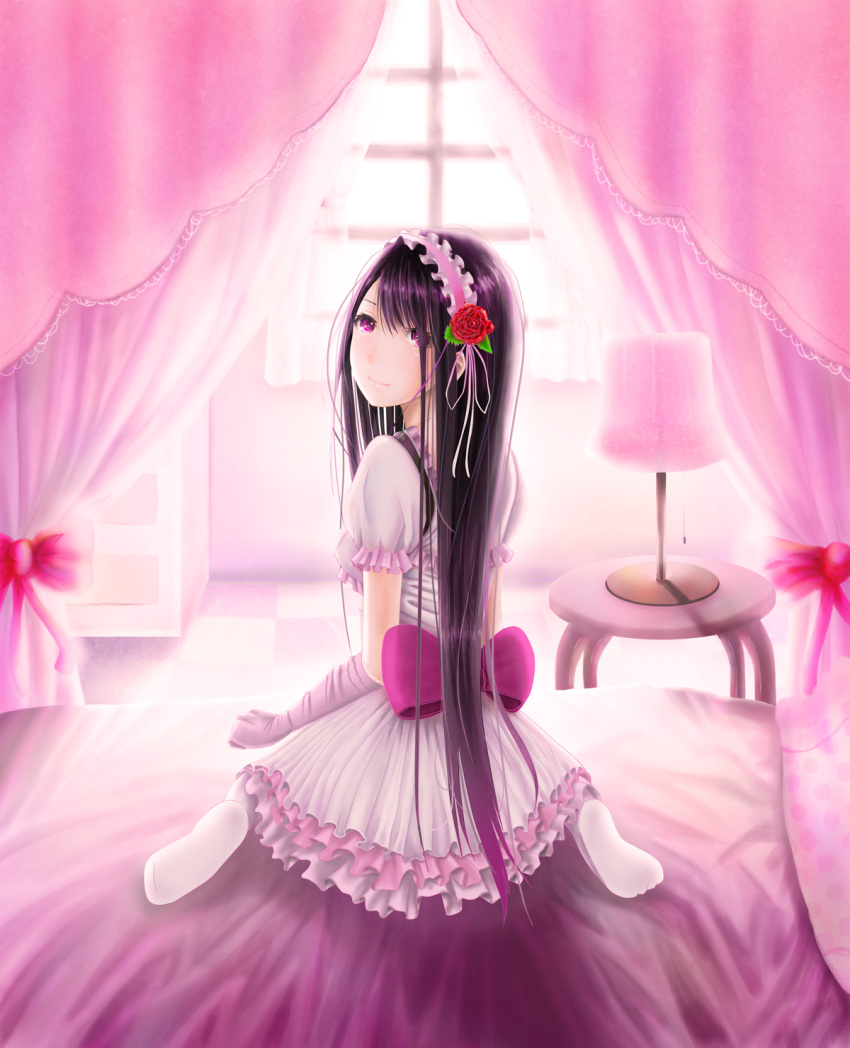 black_hair elbow_gloves female flower gloves headdress highres kentaurosu legwear light_smile lolita_fashion long_hair looking_back original purple_eyes ribbon rose sitting smile solo stockings sweet_lolita thighhighs