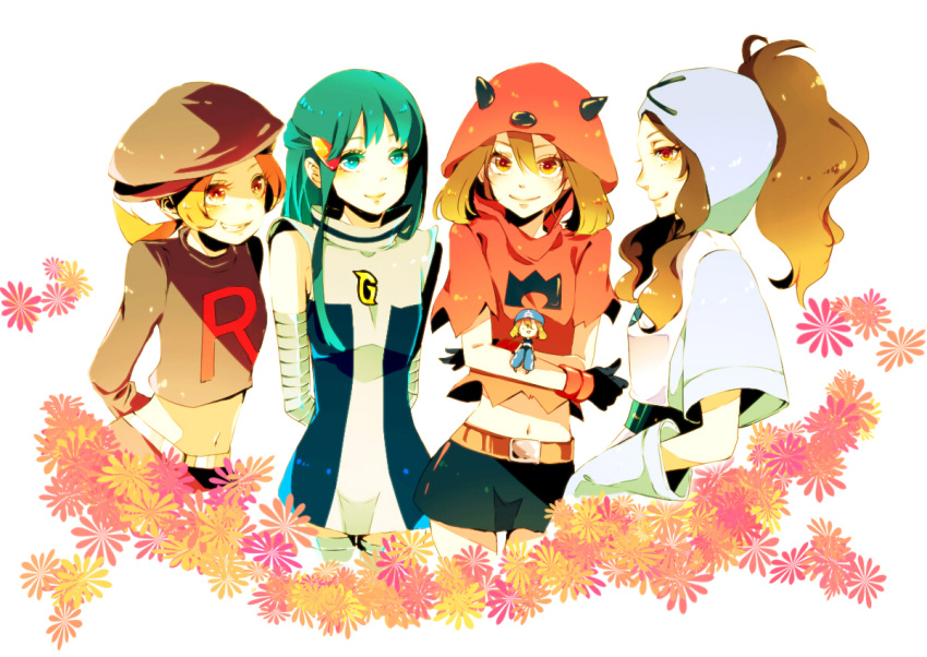 4girls alternate_costume alternate_headwear arms_behind_back bad_id bad_pixiv_id belt brown_hair cabbie_hat character_doll clothes_writing cosplay crop_top dawn_(pokemon) doll flower gloves green_hair grin hair_ornament hat hilda_(pokemon) lyra_(pokemon) may_(pokemon) midriff multiple_girls navel pokemon pokemon_bw pokemon_dppt pokemon_hgss pokemon_rse smile surcoat team_aqua_uniform team_galactic_uniform team_magma_uniform team_plasma_uniform team_rocket team_rocket_uniform yuki_(c39)