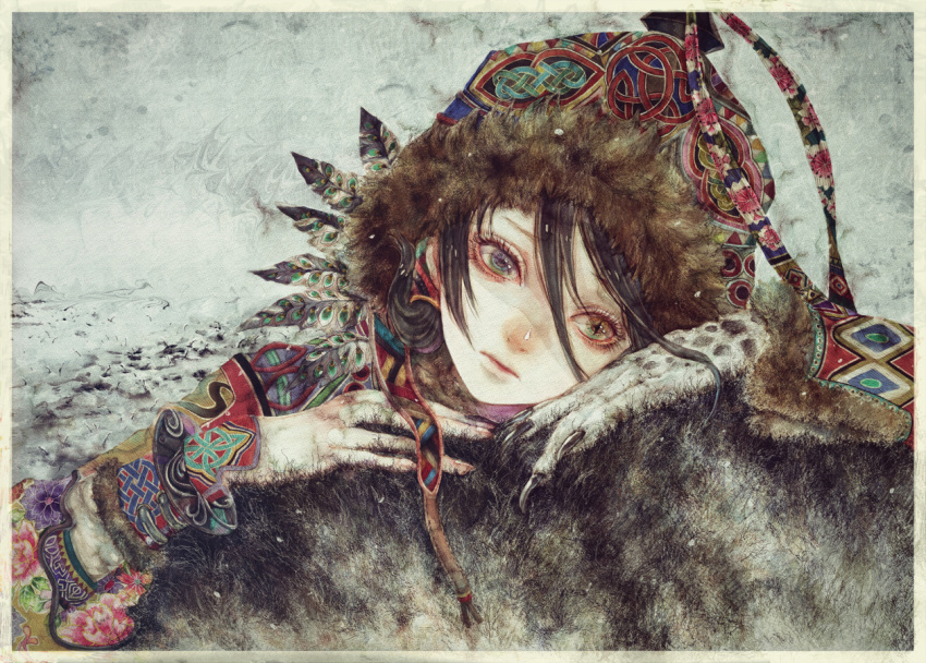 bad_id bad_pixiv_id black_hair blue_eyes claws eyelashes face feathers fingernails fur green_eyes hat head_rest heterochromia long_fingernails monster_girl original slit_pupils snow therianthrope yogisya