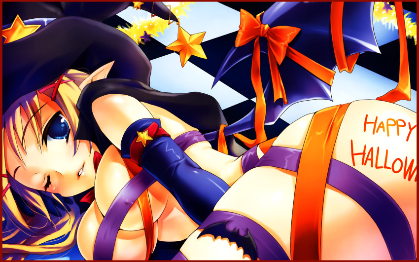 ass bad_link breasts cleavage copyright_request covered_nipples female halloween happy_halloween highres large_breasts naked_ribbon nekou_izuru one_eye_closed pointy_ears ribbon solo star_(symbol) wings