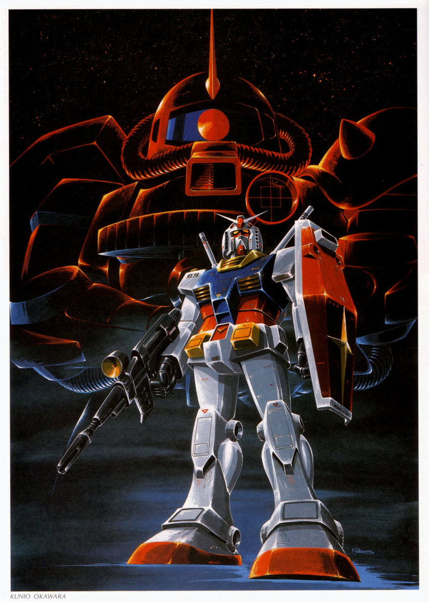 1970s_(style) absurdres beam_rifle energy_gun gun gundam highres mecha mobile_suit_gundam no_humans official_art ookawara_kunio production_art retro_artstyle robot rx-78-2 science_fiction shield signature space star_(symbol) weapon zaku_ii zaku_ii_s_char_custom zeon