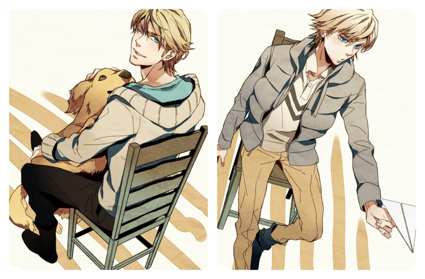 2boys bad_id bad_pixiv_id blonde_hair blue_eyes canine chair ivan_karelin jacket john_(tiger_&_bunny) keith_goodman male_focus multiple_boys one_eye_closed paper_airplane tiger_&_bunny yasuhiro