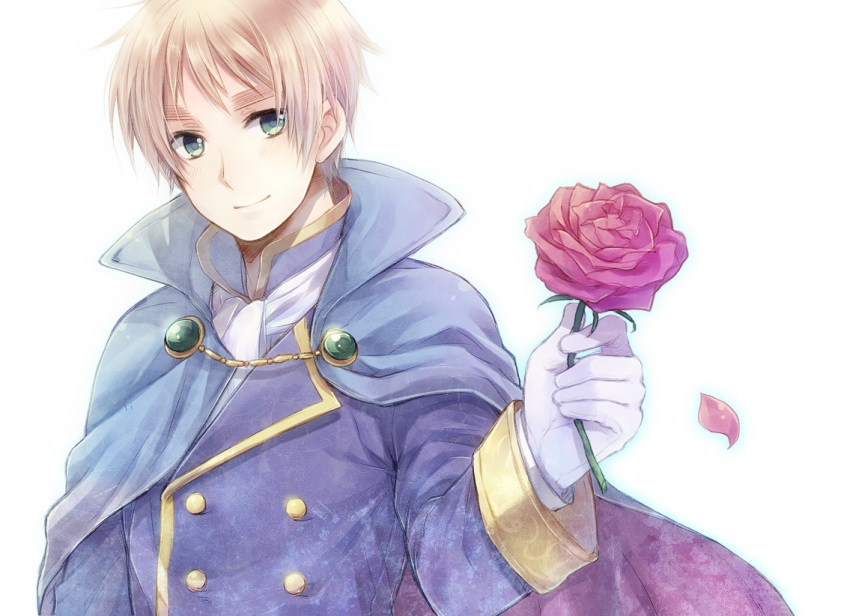 1boy alternate_costume arm_up ascot axis_powers_hetalia blonde_hair cape commentary_request fastener flower formal gloves green_eyes male_focus outline petals red_flower red_rose rose simple_background smile solo suit thick_eyebrows united_kingdom_(hetalia) white_background yousan