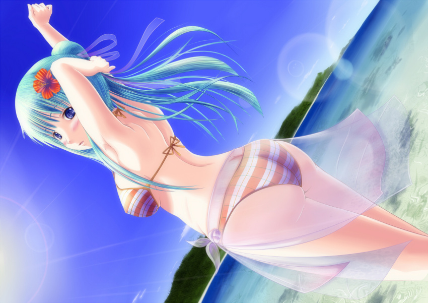 aqua_hair arm_up ass beach bikini blue_eyes commentary_request day dutch_angle female flower green_hair hair_flower hair_ornament harimu_ohagi hibiscus long_hair original purple_sarong sarong see-through see-through_sarong solo striped_bikini striped_clothes swimsuit transparent twintails