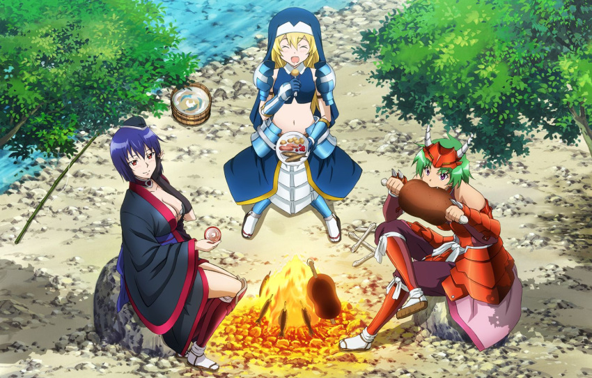 3girls :d armor artist_request bare_shoulders blue_hair breasts bucket chousokabe_motochika_(sengoku_otome) closed_eyes eating fire fishing_rod food green_hair habit hat highres large_breasts meat midriff mouri_motonari_(sengoku_otome) multiple_girls navel nun oerba_yun_fang ootomo_sourin_(sengoku_otome) open_mouth plate purple_eyes red_eyes rock sandals sengoku_otome short_hair sitting sitting_on_rock smile water