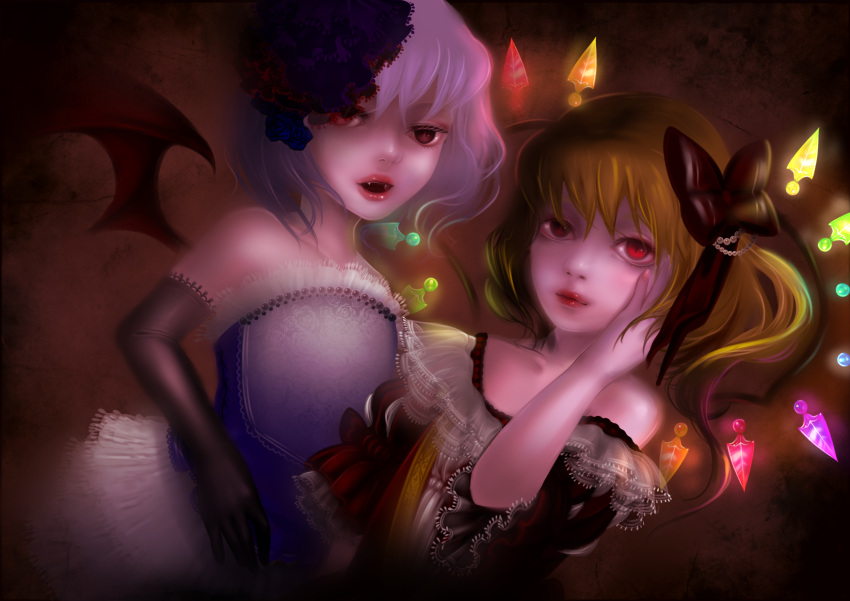 2girls alternate_costume bad_id bad_pixiv_id bare_shoulders bat_wings blonde_hair bow commentary dutch_angle elbow_gloves fangs flandre_scarlet formal frills gem gloves hair_ornament hairbow hand_on_own_face highres light_purple_hair lips lolicon mossan multiple_girls no_headwear open_mouth pearl_(gemstone) red_eyes remilia_scarlet short_hair siblings sisters slit_pupils symbol-only_commentary touhou wings