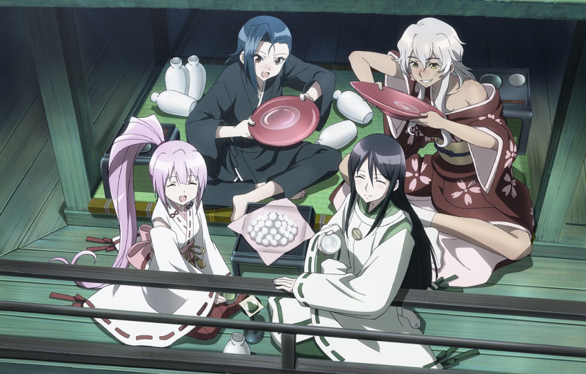 4girls :d ^_^ alcohol artist_request bare_shoulders barefoot black_hair blue_hair blush bowl chopsticks closed_eyes cup dango dark-skinned_female dark_skin detached_sleeves floral_print food from_above green_ribbons grey_eyes hair_between_eyes hakama hakama_skirt holding imagawa_yoshimoto_(sengoku_otome) indoors japanese_clothes kimono long_hair mat miko mochi multiple_girls no_shoes obi off_shoulder open_mouth pants pillar pink_hair ponytail print_kimono railing red_ribbon ribbon ribbon-trimmed_sleeves ribbon_trim sakazuki sake sash scar seiza sengoku_otome short_hair sitting skirt smile swept_bangs tabi table takeda_shingen_(sengoku_otome) tea tokkuri tokugawa_ieyasu_(sengoku_otome) tsukimi tsukimi_dango uesugi_kenshin_(sengoku_otome) very_long_hair wagashi white_hair white_legwear wooden_floor wooden_wall yellow_eyes