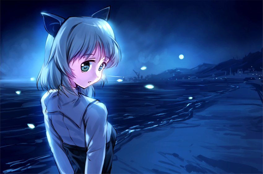 animal_ears backlighting beach cat_ears cat_girl commentary_request female fireflies from_behind green_eyes grey_hair hino_katsuhiko light_particles looking_back military military_uniform moon mountain night ocean photoshop_(medium) sanya_v._litvyak shore short_hair solo strike_witches uniform water world_witches_series