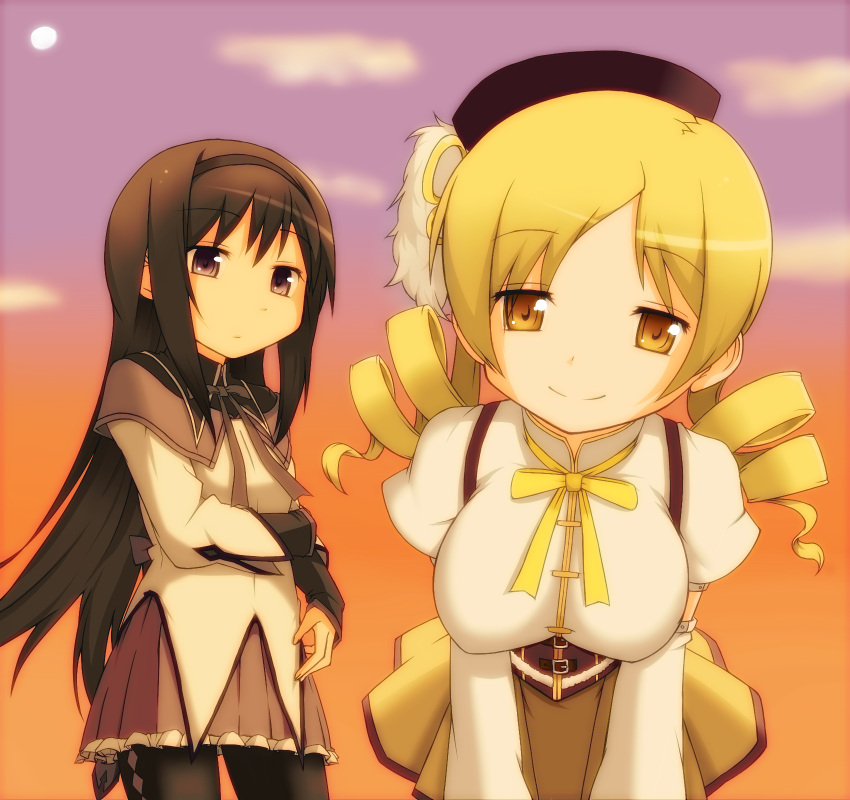 2girls akemi_homura akemi_homura_(magical_girl) bent_over beret black_hair blonde_hair breasts commentary_request corset drill_hair enderspain frown hair_ornament hairband hat highres large_breasts long_hair magical_girl mahou_shoujo_madoka_magica mahou_shoujo_madoka_magica_(anime) multiple_girls pantyhose pleated_skirt purple_eyes shirt skirt smile sunrise taut_clothes taut_shirt tomoe_mami tomoe_mami_(magical_girl) yellow_eyes