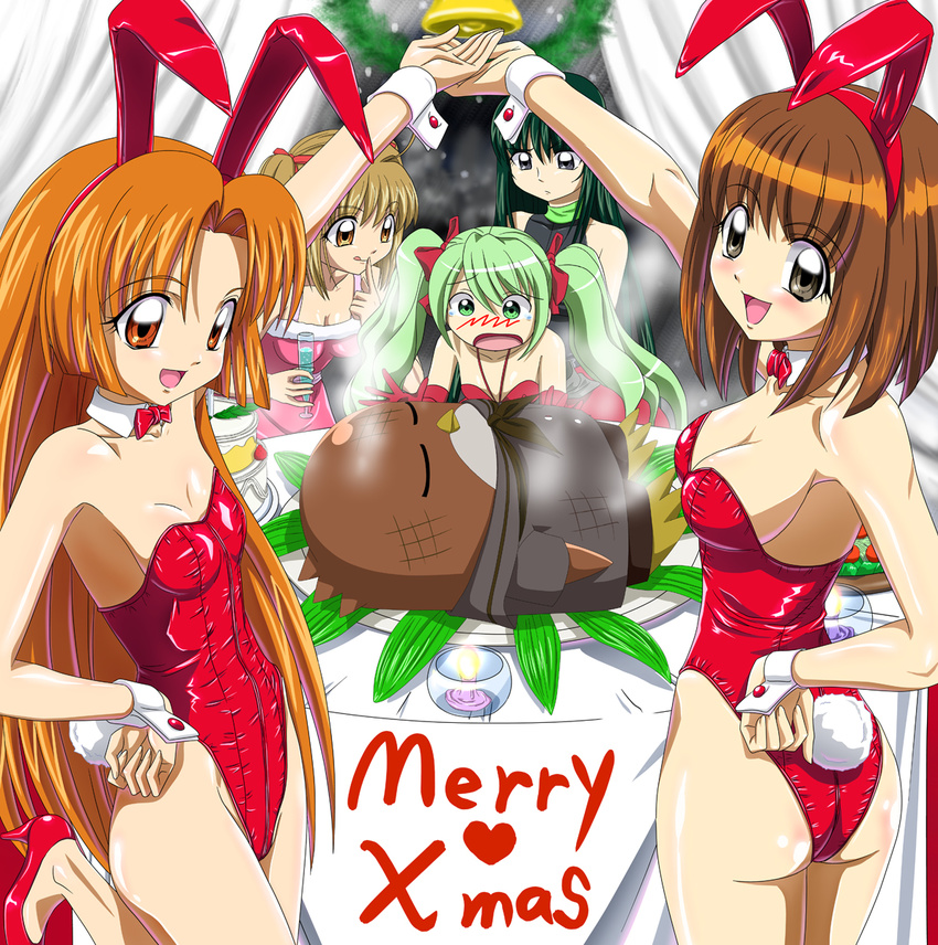 5girls amagi_mikaru animal_ears ankoku_tiger ass bare_legs bird breasts brown_eyes brown_hair christmas cleavage commentary_request commission commissioner_upload fake_animal_ears highres hippo_(mermaid_melody_pichi_pichi_pitch) long_hair medium_breasts mermaid_melody_pichi_pichi_pitch multiple_girls nanami_lucia official_style orange_eyes orange_hair penguin playboy_bunny rabbit_ears rabbit_tail seira_(mermaid_melody_pichi_pichi_pitch) short_hair small_breasts tail touin_rina yuuri_(mermaid_melody_pichi_pichi_pitch)