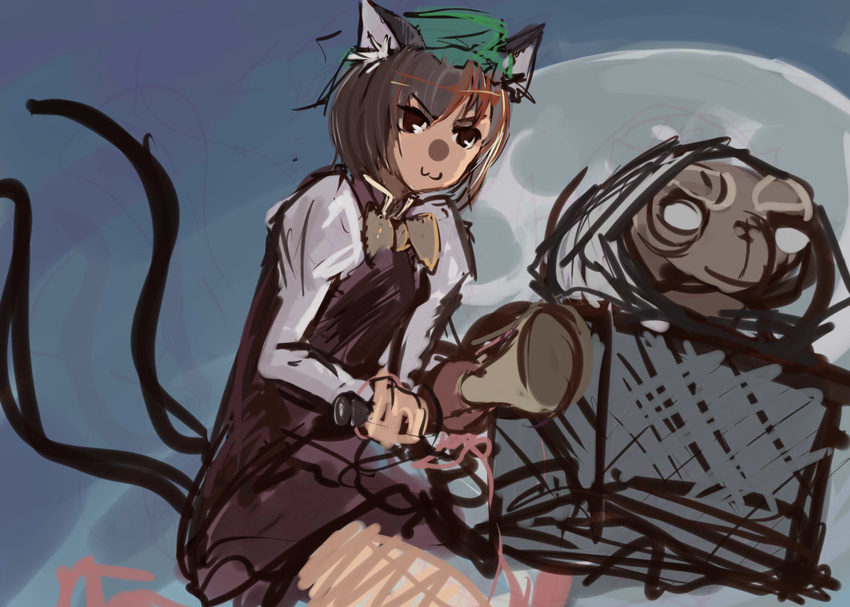 :3 animal_ears bad_id bicycle bike_horn brown_eyes brown_hair cat_ears cat_tail chen crossover dress e.t. et female full_moon hat honk_honk_(meme) in_basket meme moon multiple_tails panties_(pantsu-pirate) parody short_hair tail touhou