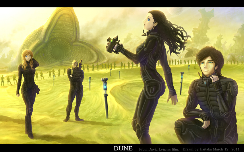 1980s_(style) 2boys 2girls alien animification army bad_id bad_pixiv_id bald black_hair blue_eyes blue_sclera bodysuit brown_hair chani colored_sclera dated desert dune_(1984_movie) dune_(planet) dune_(series) eyes_of_ibad fingerless_gloves francesca_annis fremen gloves gun gurney_halleck haitaka house_atreides kyle_maclachlan lady_jessica letterboxed long_hair monster multiple_boys multiple_girls nose_tube orange_hair patrick_stewart paul_atreides retro_artstyle sand sandworm science_fiction sean_young shai-hulud stillsuit thumper weapon weirding_module worm