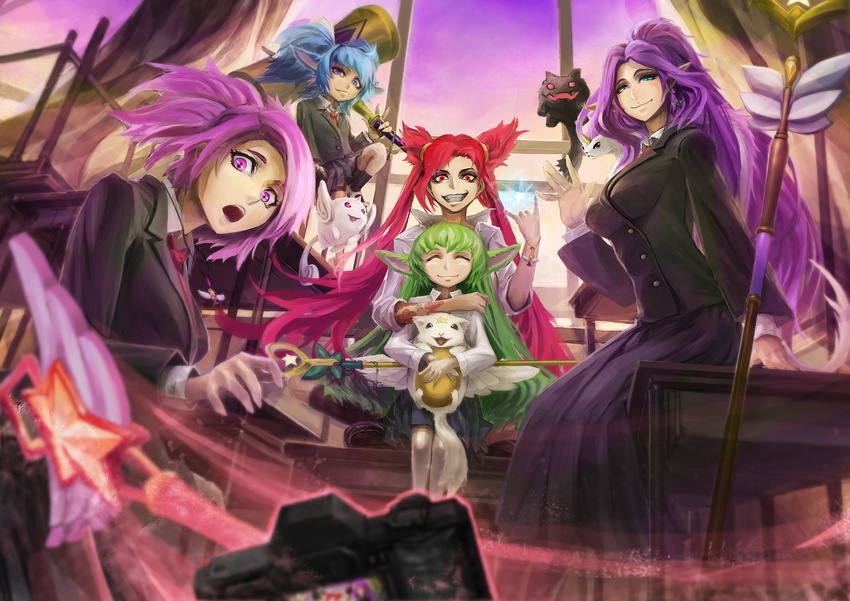 5girls alternate_costume alternate_hairstyle blue_hair breasts camera green_hair hammer janna_windforce jinx_(league_of_legends) kuro_(league_of_legends) league_of_legends lulu_(league_of_legends) luxanna_crownguard multiple_girls pink_hair pix_(league_of_legends) pointy_ears poppy purple_hair red_hair school_uniform shiro_(league_of_legends) staff star_guardian_janna star_guardian_jinx star_guardian_lulu star_guardian_lux star_guardian_poppy tied_hair twintails yordle zephyr_(league_of_legends)