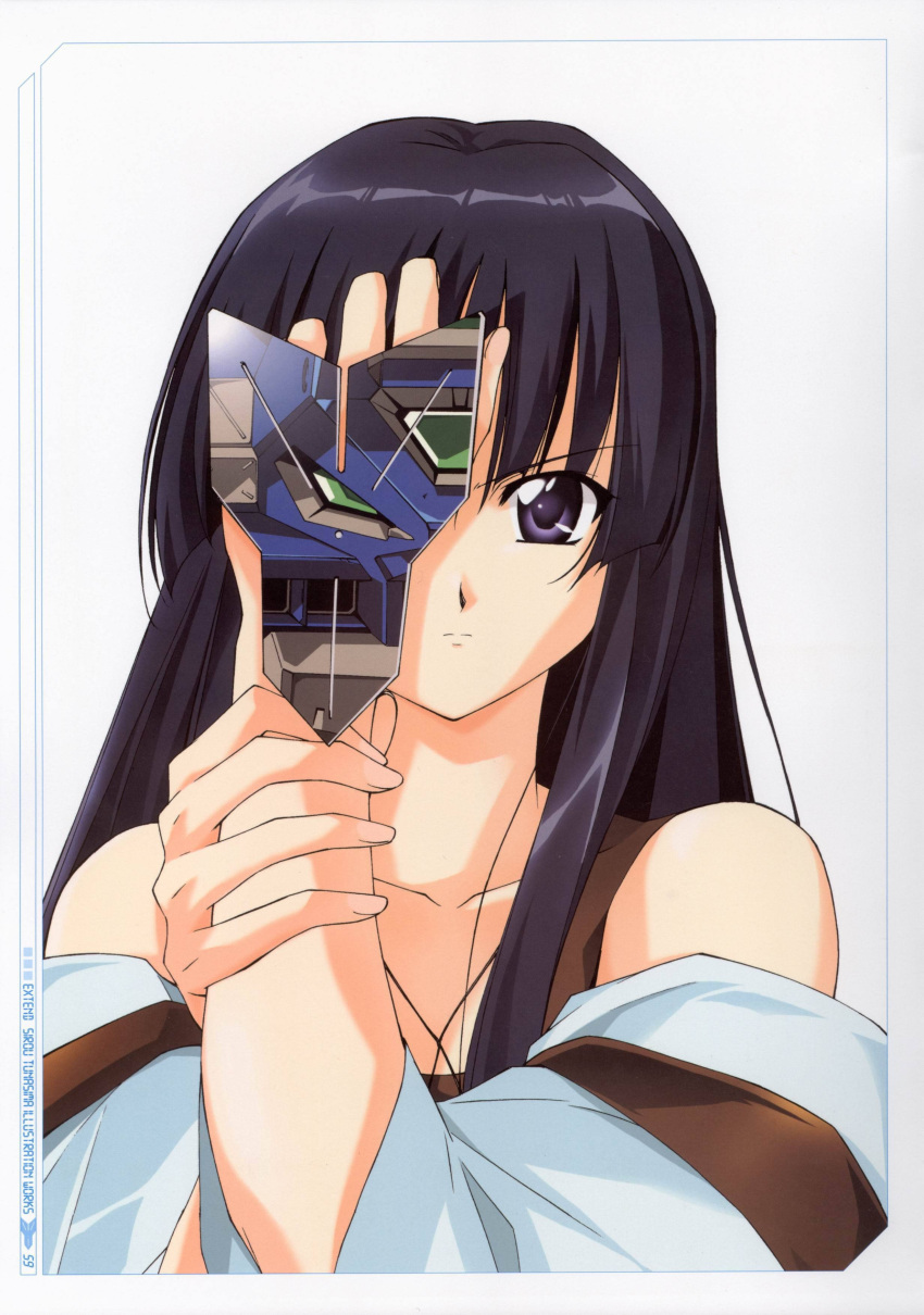 absurdres bare_shoulders black_hair female highres jinki long_hair looking_at_viewer purple_eyes short_sleeves solo tsunashima_shirou tsuzaki_aoba upper_body white_background