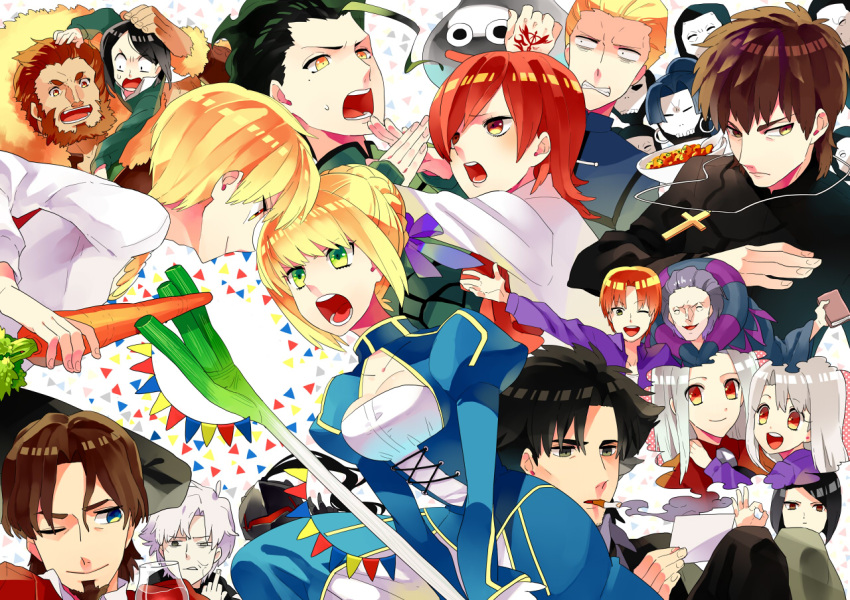 6+boys 6+girls ahoge artoria_pendragon_(fate) assassin_(fate/zero) bad_id bad_pixiv_id berserker_(fate/zero) black_eyes black_hair blonde_hair blue_eyes blue_hair brown_eyes brown_hair carrot cigarette commentary_request cross cross_necklace diarmuid_ua_duibhne_(lancer)_(fate) dragon_quest emiya_kiritsugu everyone fate/zero fate_(series) flag food gilgamesh_(fate) gilles_de_rais_(caster)_(fate) green_eyes gum_(gmng) hisau_maiya illyasviel_von_einzbern irisviel_von_einzbern iskandar_(fate) jewelry kayneth_el-melloi_archibald kotomine_kirei mapo_tofu mask matou_kariya mercury_(element) metal_slime middle_finger mother_and_daughter multiple_boys multiple_girls necklace one_eye_closed parody photo_(object) red_eyes red_hair saber_(fate) slime_(creature) sola-ui_nuada-re_sophia-ri spring_onion tohsaka_tokiomi uryuu_ryuunosuke volumen_hydragyrum_(fate) waver_velvet white_hair yellow_eyes