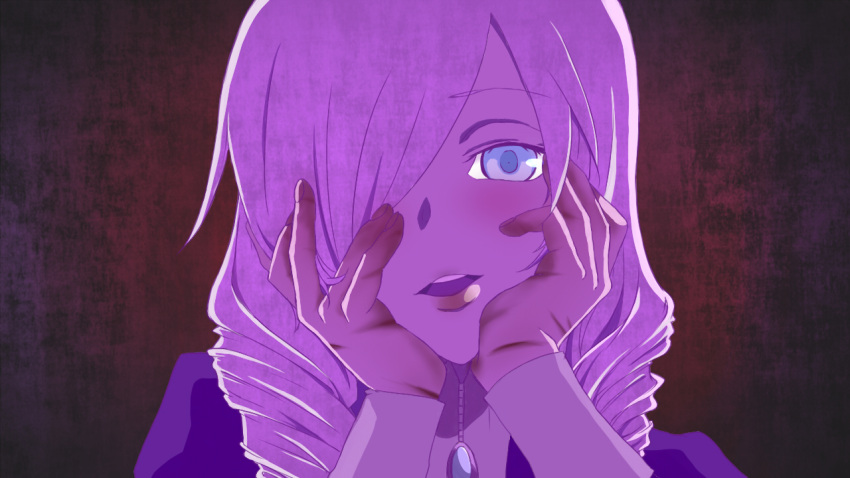 blue_eyes commentary_request daniella demento female hair_over_one_eye hands_on_own_cheeks hands_on_own_face meme parody portrait purple_hair solo t_moon_m yandere_trance