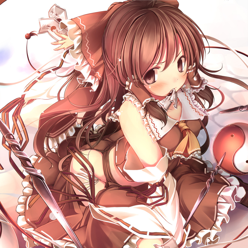 ascot blush bow brown_eyes brown_hair commentary_request detached_sleeves female hair_tubes hairbow hakama hakama_skirt hakurei_reimu highres japanese_clothes kaisu long_hair ofuda panties photoshop_(medium) red_bow red_eyes red_hakama red_skirt side-tie_panties skirt solo touhou underwear yin_yang