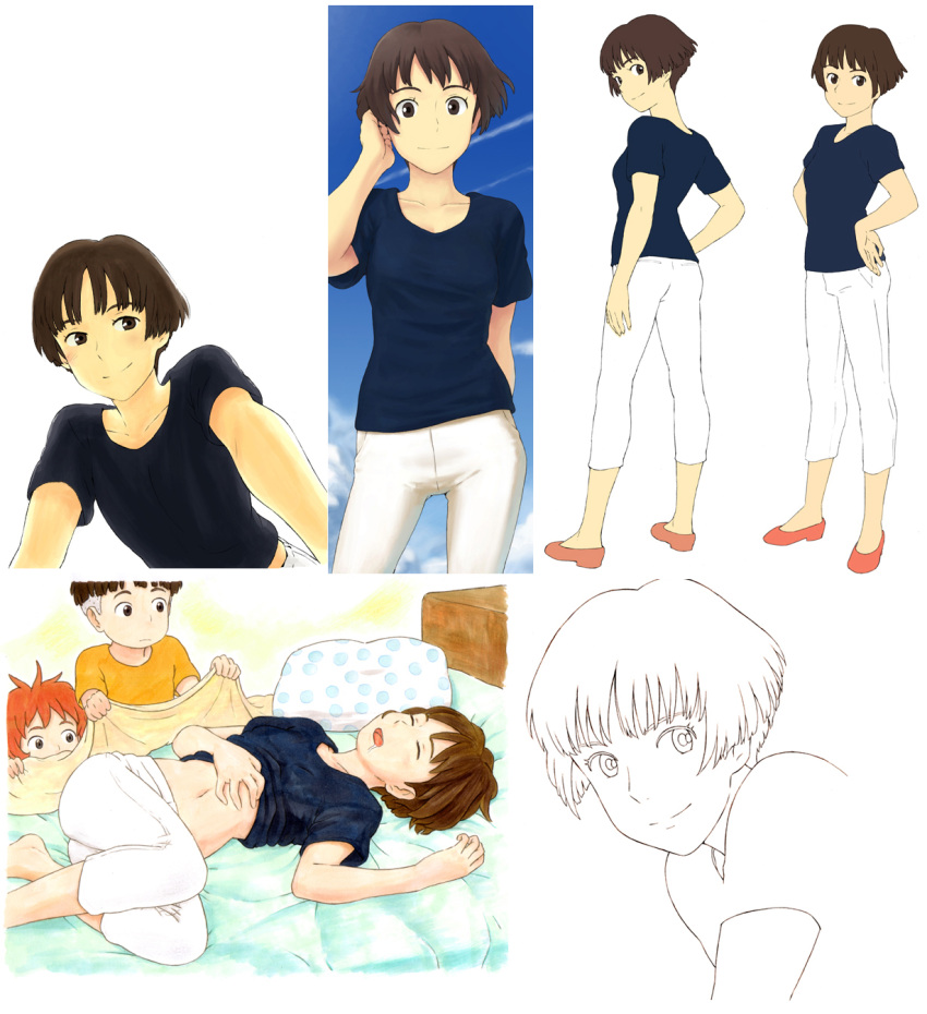 1boy 2girls bad_id bad_pixiv_id barefoot bed black_eyes black_shirt brown_hair capri_pants gake_no_ue_no_ponyo hands_on_own_hips highres jas_(littlecrime) line_art lisa_(ponyo) lying mature_female midriff montage mother_and_son multiple_girls navel pants pink_footwear ponyo red_hair saliva shirt short_hair short_sleeves sleeping smile sousuke_(ponyo) standing white_pants