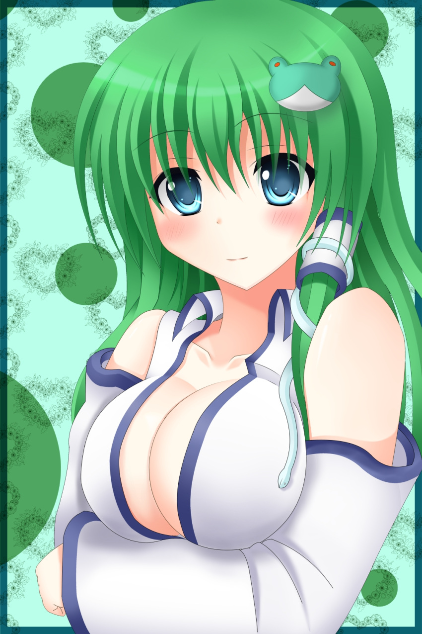 bad_id bad_pixiv_id blue_eyes breasts cleavage detached_sleeves female frog green_hair hair_ornament highres kochiya_sanae large_breasts long_hair solo tapisuke touhou