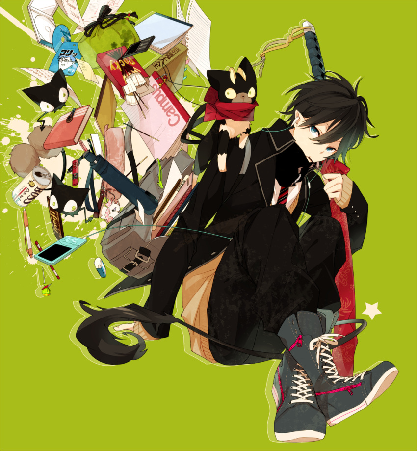 1boy ao_no_exorcist bad_id bad_pixiv_id bag black_hair blue_eyes book boots brothers can candy canine cd cellphone chocolate digital_media_player disc earphones eraser feline food green_background green_eyes highres ipod kuro_(ao_no_exorcist) lollipop male_focus mephisto_pheles okumura_rin okumura_yukio pen pencil phone pocky pointy_ears ruler school_uniform siblings sword tail weapon zakka_(d-o-t)