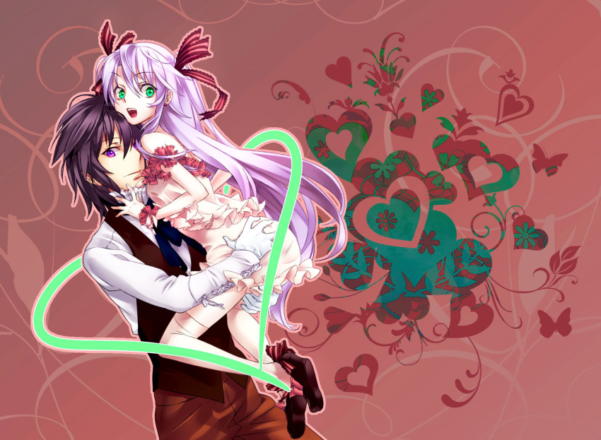 1boy al_azif bow commentary_request daijuuji_kurou demonbane female hair_ribbon hairbow heart kabane_(follabi) long_hair purple_hair ribbon thighhighs