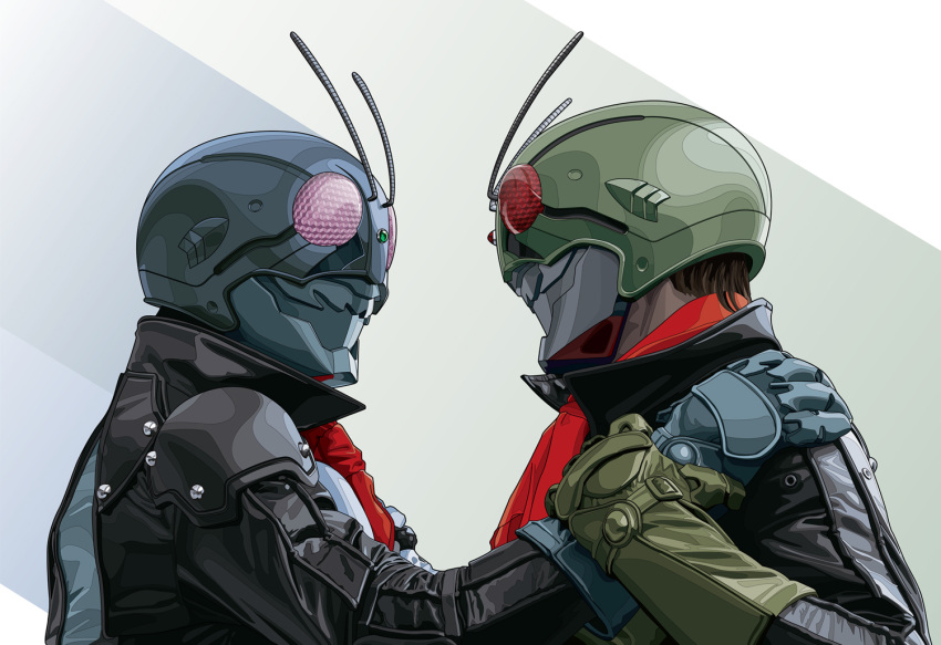 2boys antennae brown_hair commentary_request compound_eyes dias_(tajima_kouki) gloves helmet jacket kamen_rider kamen_rider_1 kamen_rider_2 kamen_rider_the_first multiple_boys photoshop_(medium) scarf