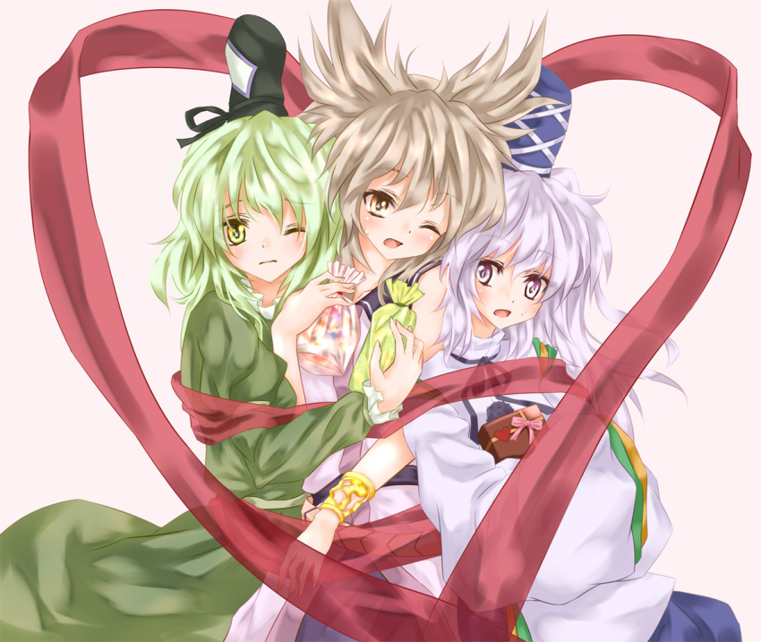 3girls blonde_hair bondage bondage bound box brown_eyes commentary_request dress gift gift_box green_dress green_eyes green_hair grey_eyes hat hat_ribbon heart heart_of_string japanese_clothes kamumiya kariginu mononobe_no_futo multiple_girls one_eye_closed open_mouth photoshop_(medium) ribbon ribbon_bondage shirt skirt soga_no_tojiko touhou toyosatomimi_no_miko valentine white_hair