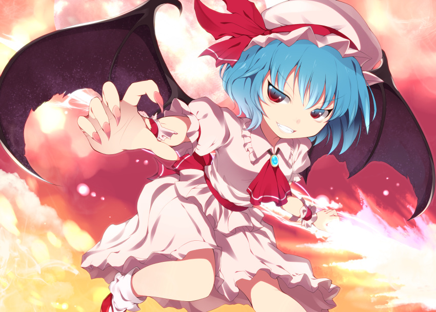 ascot bad_id bad_pixiv_id bat_wings blue_hair brooch fangs female fingernails grin hat hat_ribbon highres jewelry long_fingernails mizukami_ryouma naughty_face outstretched_arms red_eyes remilia_scarlet ribbon sash shirt short_hair skirt skirt_set slit_pupils smile solo spear_the_gungnir touhou wings wrist_cuffs