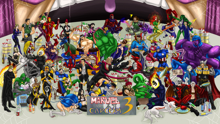 albert_wesker bottle cake capcom captain_america chris_redfield chun-li crossover dante dark_skin deadpool devil_may_cry doctor_doom doctor_strange dormammu drunk food furry ghost_rider gouki hawkeye_(marvel) highres hulk iron_fist iron_fist_(marvel) jill_valentine magneto marvel marvel_vs._capcom marvel_vs_capcom mask mike_haggar modok multiple_boys multiple_girls naruhodou_ryuuichi resident_evil robot rocket_raccoon rockman rockman_dash sentinel sentinel_(x-men) shuma_gorath sir_arthur_(makaimura) size_difference spider-man storm storm_(x-men) street_fighter taskmaster thor_(marvel) trish trish_(devil_may_cry) tron_bonne wolverine x-23 x-men