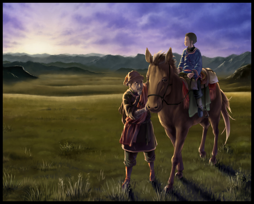 2boys anbe_yoshirou bad_id bad_pixiv_id boots braid brown_hair closed_eyes facial_hair grass highres horse horseback_riding looking_away male_focus mountain multiple_boys original riding saddle smile sunset white_hair wrinkled_skin