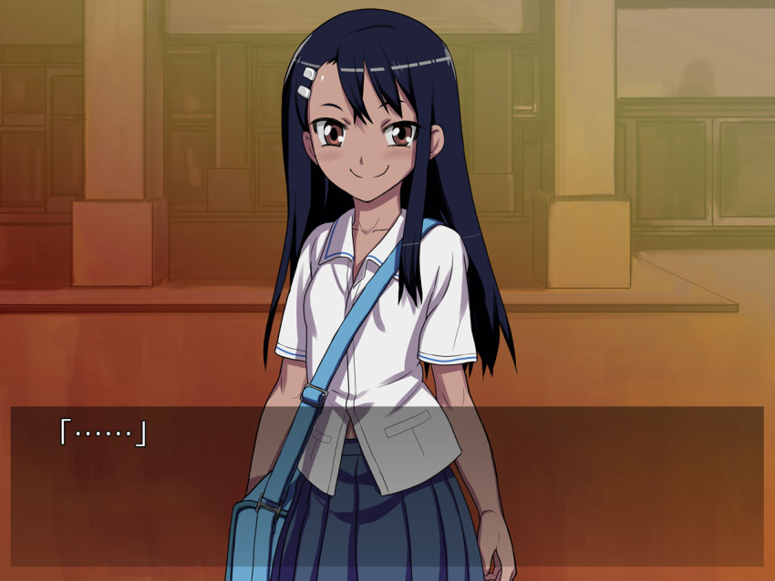 774_(nanashi) bag blue_hair blush brown_eyes commentary_request dark-skinned_female dark_skin female hair_ornament hairclip ijiranaide_nagatoro-san long_hair looking_at_viewer nagatoro_hayase photoshop_(medium) school_uniform shirt skirt smile solo