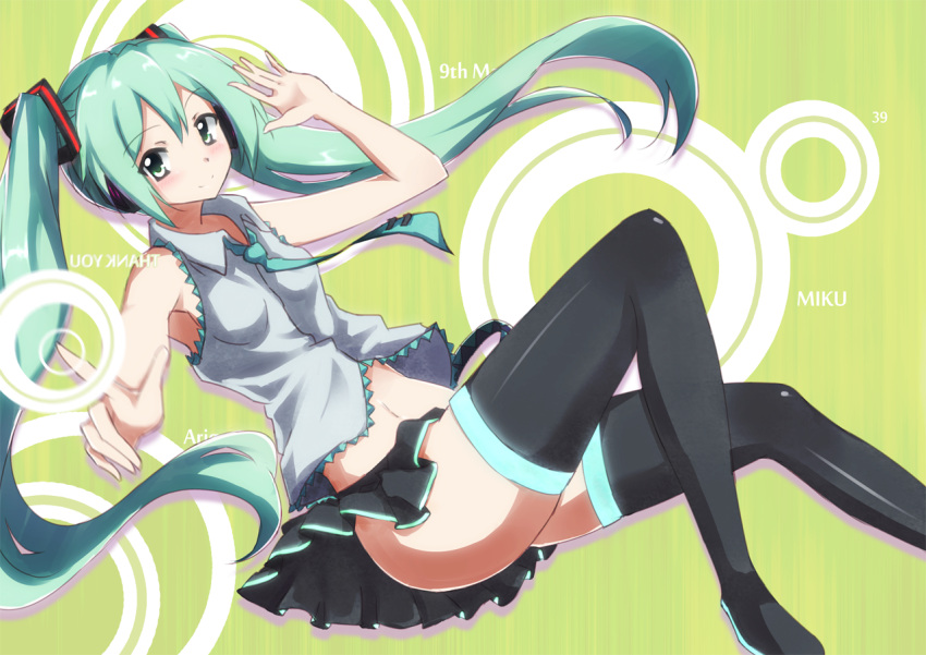 aqua_eyes aqua_hair bad_id bad_pixiv_id boots character_name female hatsune_miku icyfox long_hair miku_day navel necktie pointing reclining skirt solo thigh_boots thighhighs twintails very_long_hair vocaloid