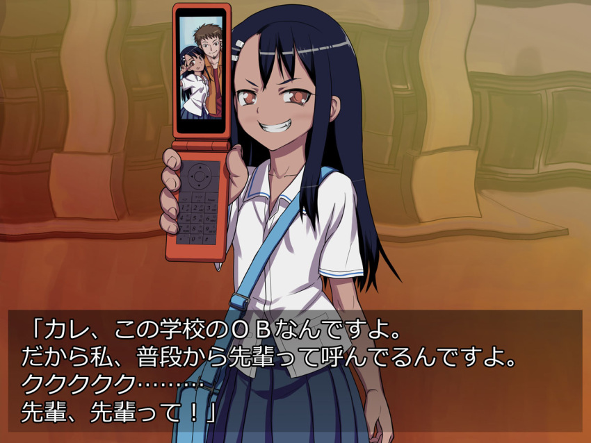 774_(nanashi) :p bag blue_hair blush brown_eyes cellphone cellphone_photo commentary_request dark-skinned_female dark_skin facial_hair female goatee grin hair_ornament hairclip ijiranaide_nagatoro-san long_hair looking_at_viewer nagatoro_hayase phone photoshop_(medium) school_uniform shirt skirt smile smirk solo tongue tongue_out translated v v_over_eye